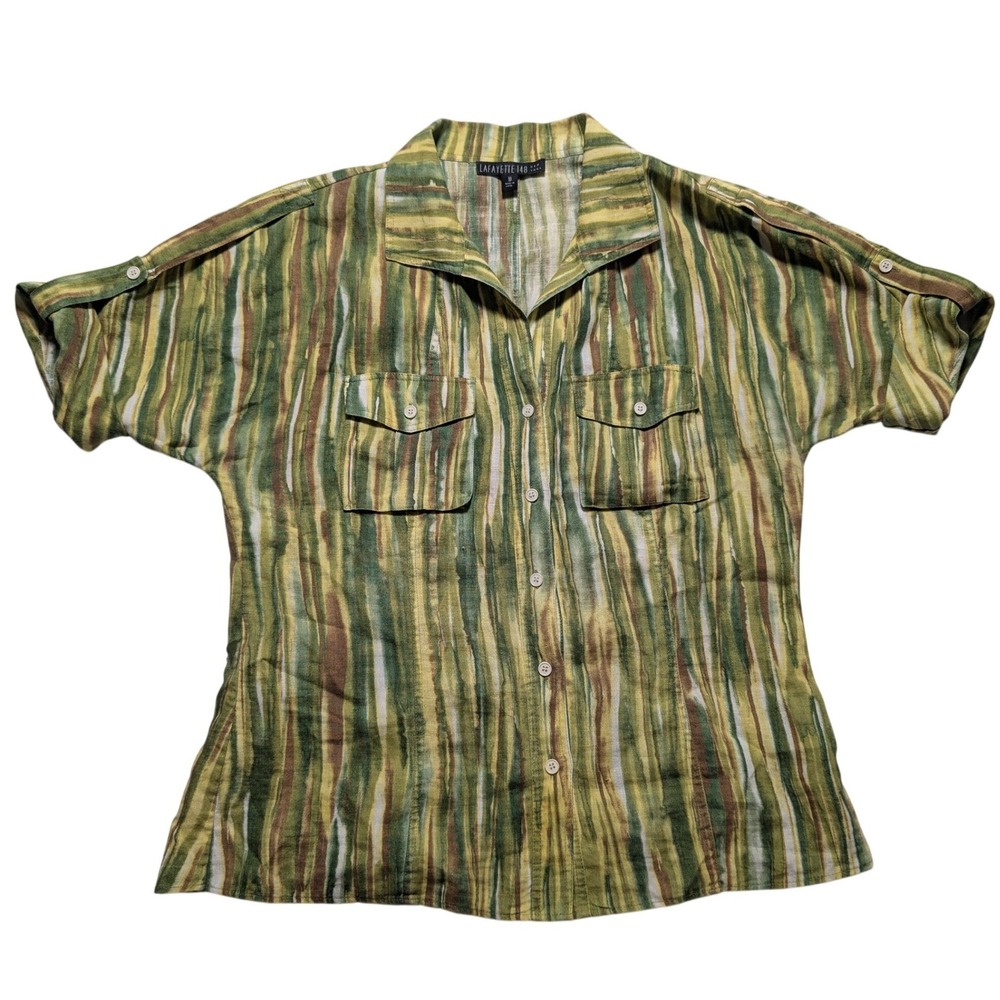 Lafayette 148 New York Womens 10 Green Abstract Stripe 100% Linen Button Up Top